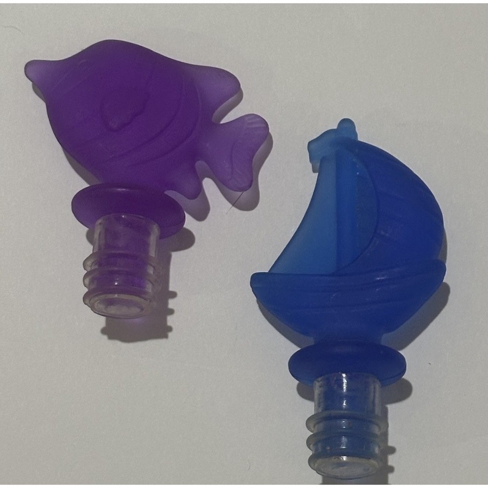 Acrylic Wine Bottle Stoppers Blue Sailboat Purple Fish Lot of 2